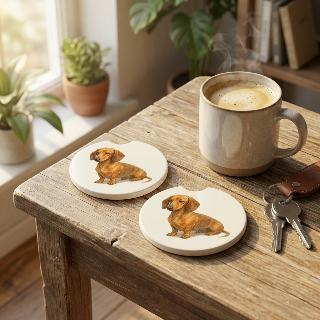 Dachshund car coasters with a red coat styled on a wooden side table beside a coffee mug and a set of keys.