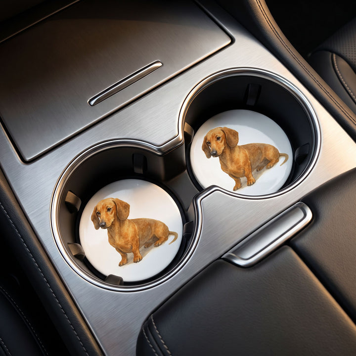 Dachshund car coasters with a red coat placed in a vehicle&