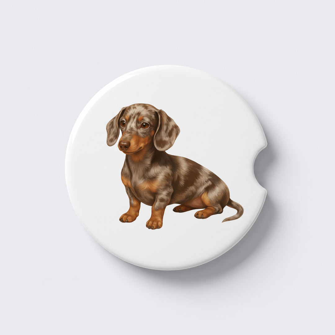 Single round ceramic car coaster featuring a watercolor-style illustration of a Dachshund with a chocolate dapple coat, sold individually.