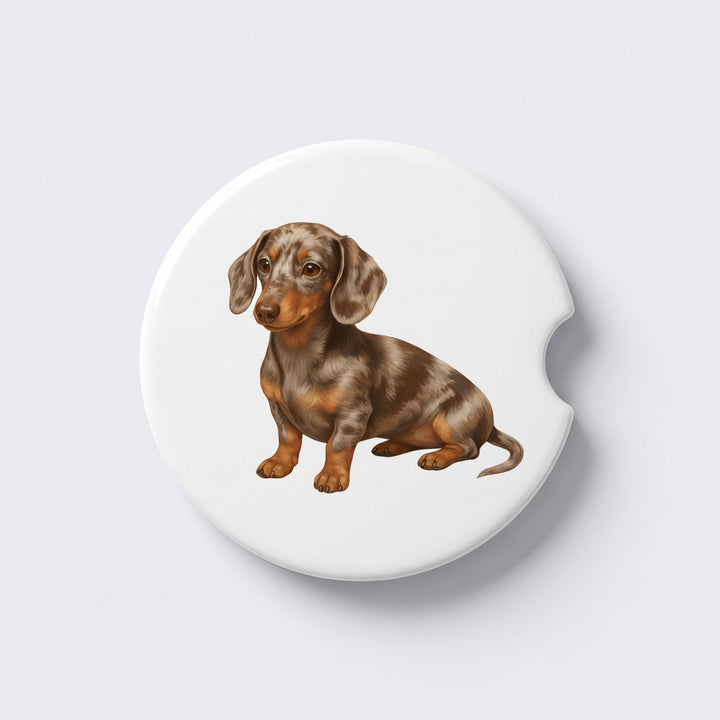 Single round ceramic car coaster featuring a watercolor-style illustration of a Dachshund with a chocolate dapple coat, sold individually.