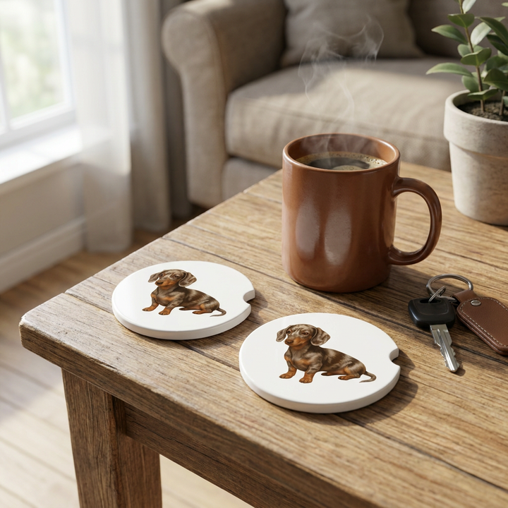 Dachshund car coasters with a chocolate dapple coat styled on a wooden side table beside a steaming coffee mug and a set of keys.