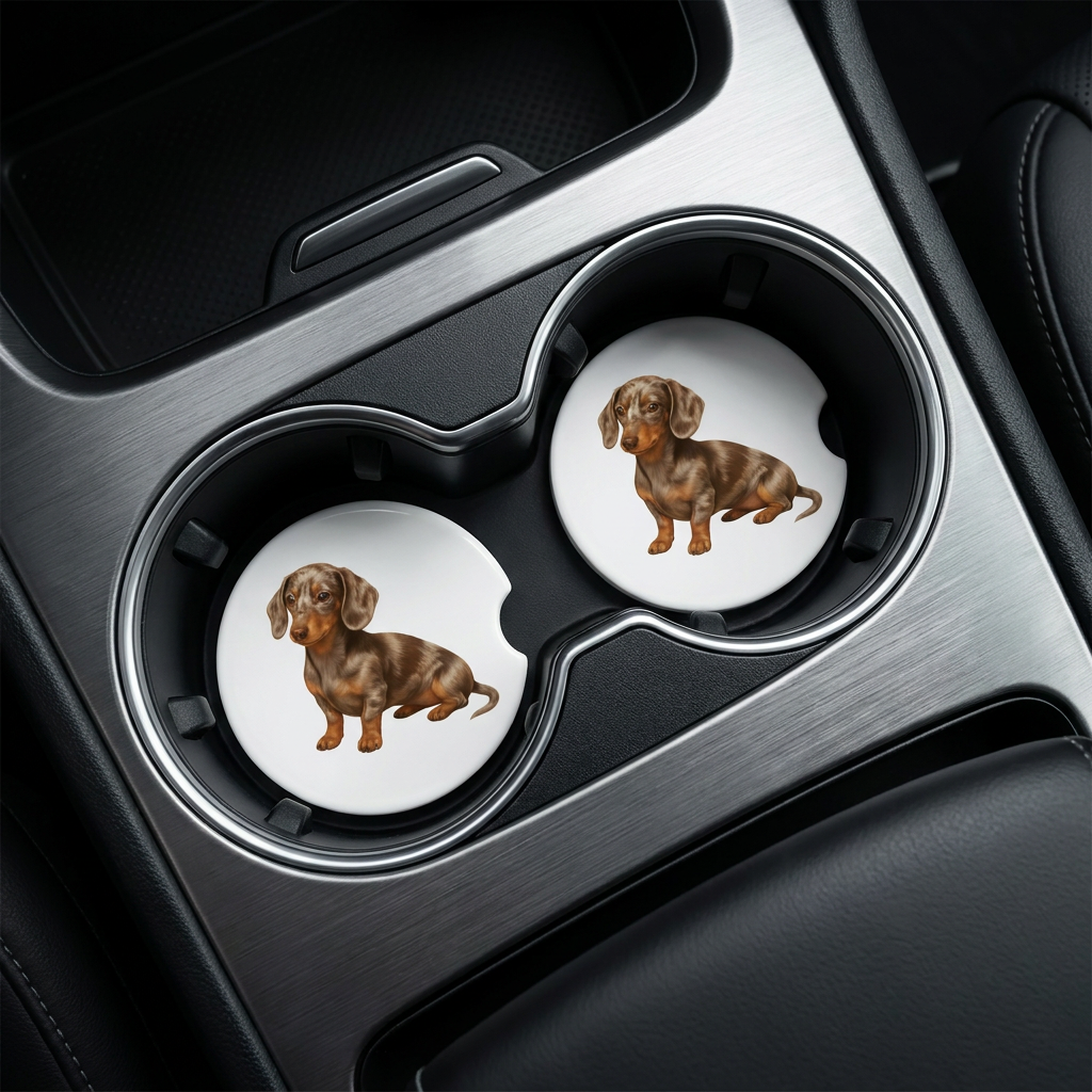 Dachshund car coasters with a chocolate dapple coat placed in a vehicle&