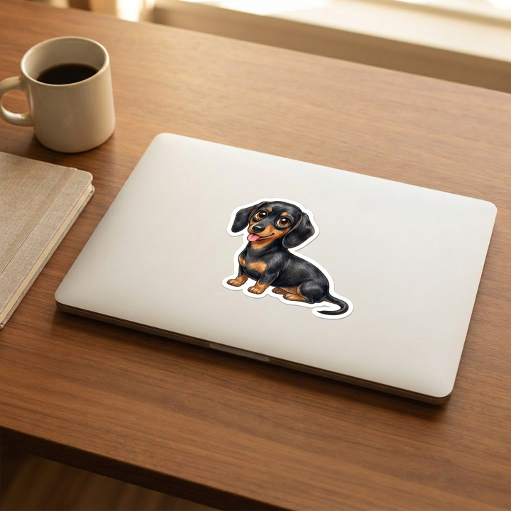 Dachshund Black and Tan Kawaii sticker on a laptop - Designs by Mysh