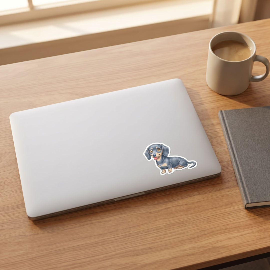Dachshund Blue and Cream Kawaii sticker on a laptop - Designs by Mysh