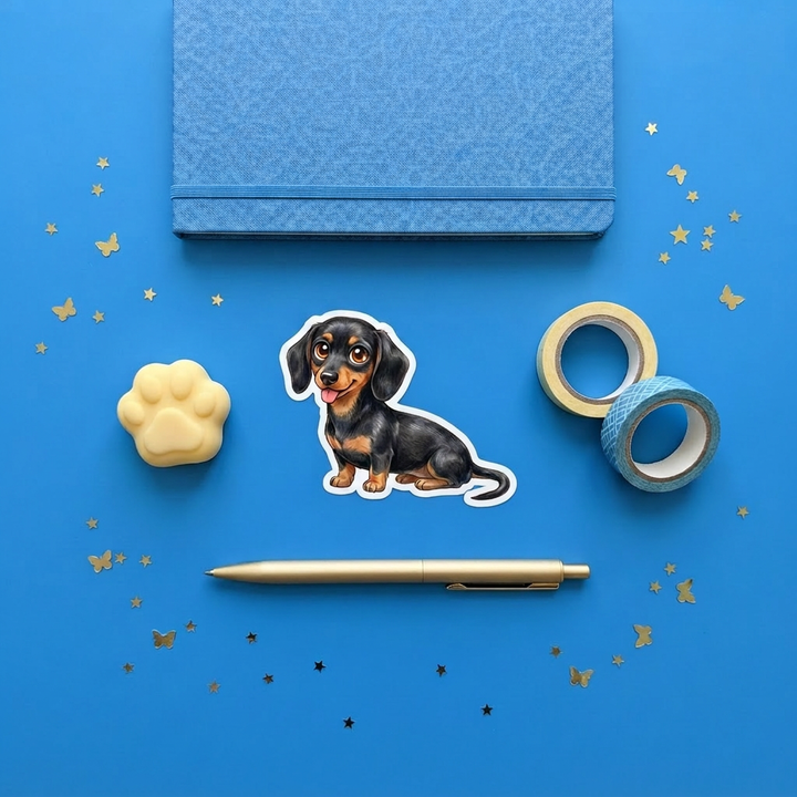 Dachshund Black and Tan Kawaii sticker brand flat lay - Designs by Mysh