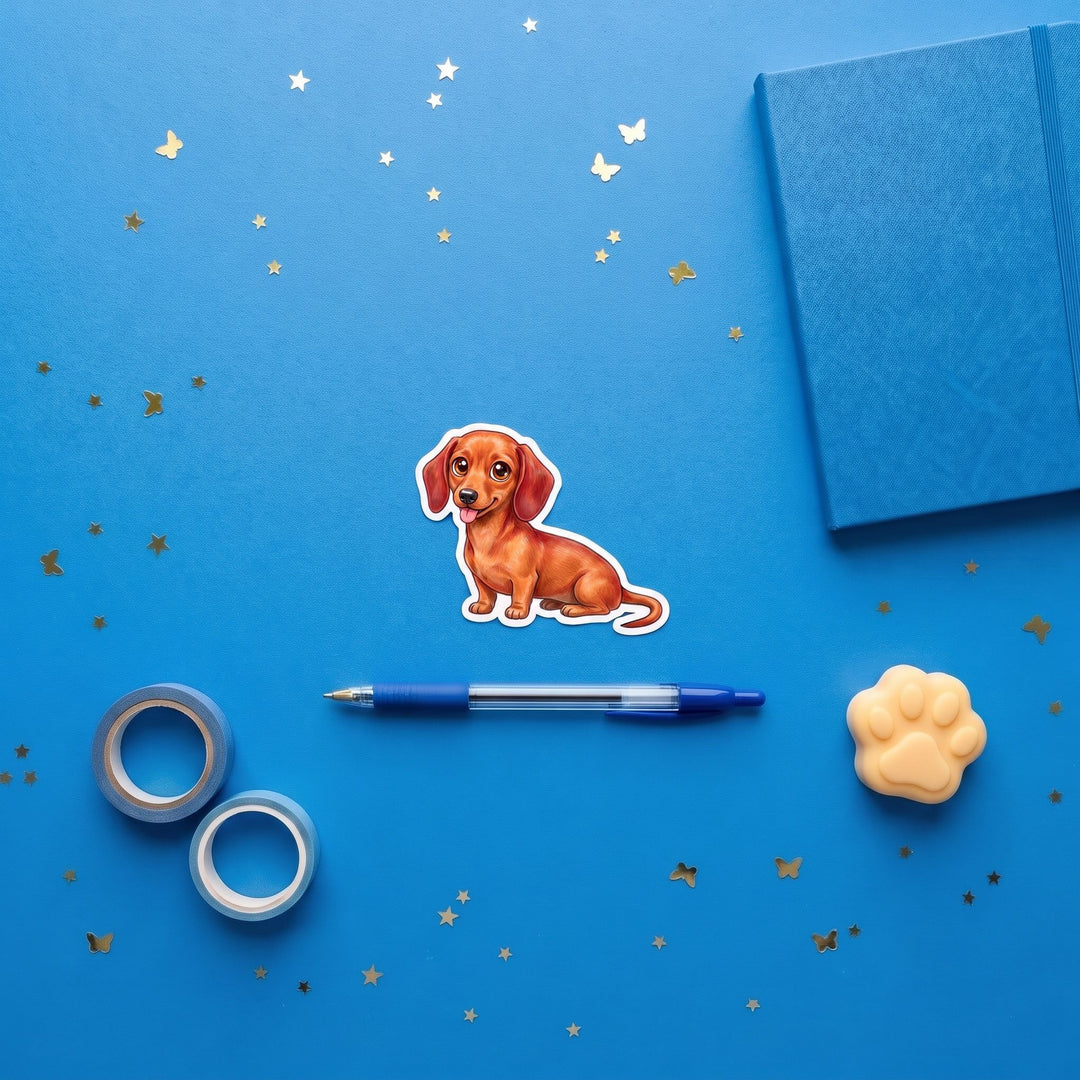 Dachshund Red Kawaii sticker brand flat lay - Designs by Mysh