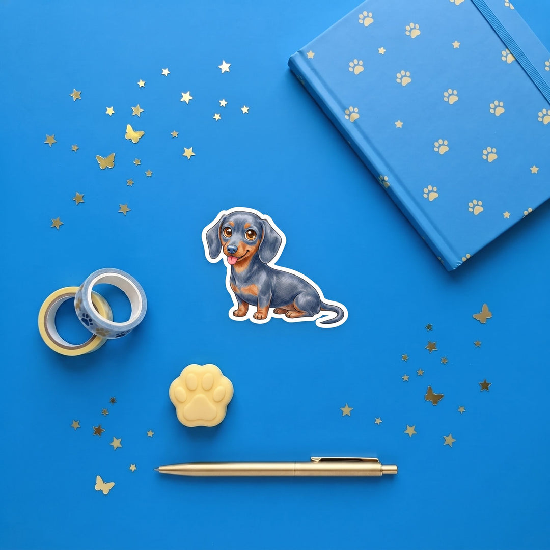 Dachshund Blue and Tan Kawaii sticker brand flat lay - Designs by Mysh