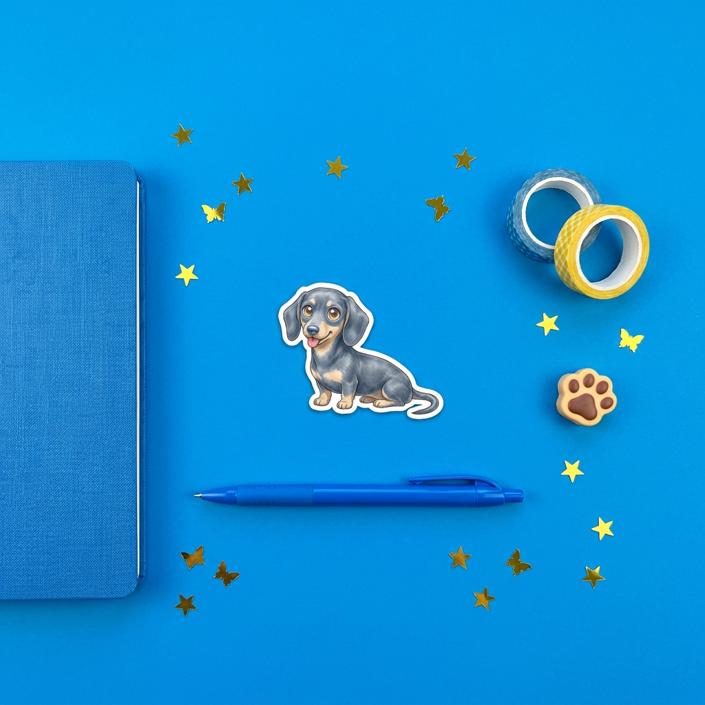 Dachshund Blue and Cream Kawaii sticker brand flat lay - Designs by Mysh