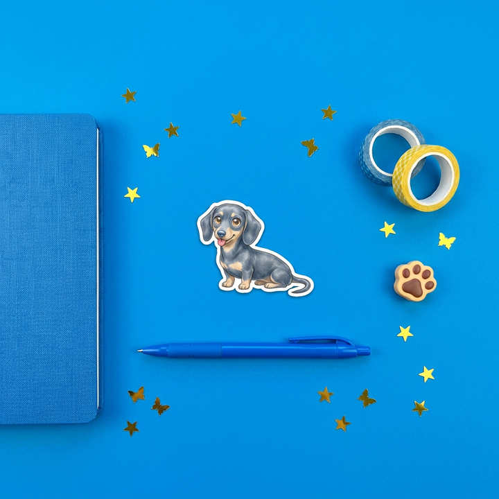Dachshund Blue and Cream Kawaii sticker brand flat lay - Designs by Mysh