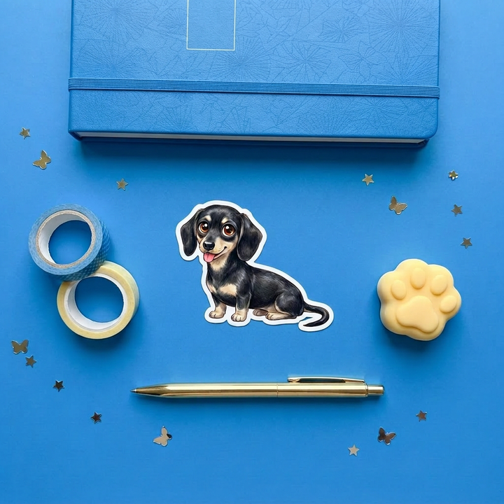 Dachshund Black and Cream Kawaii sticker brand flat lay - Designs by Mysh