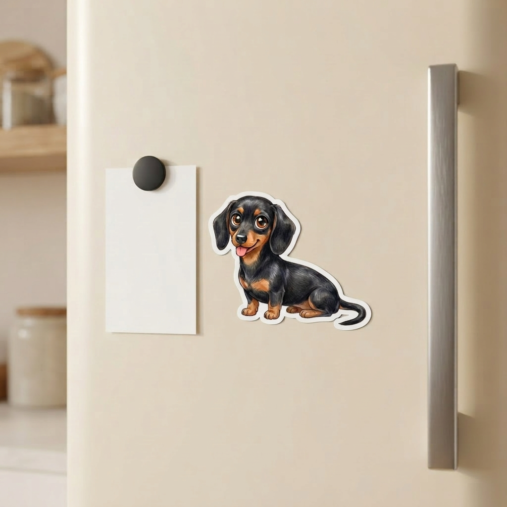 Dachshund Black and Tan Kawaii magnet on a fridge - Designs by Mysh