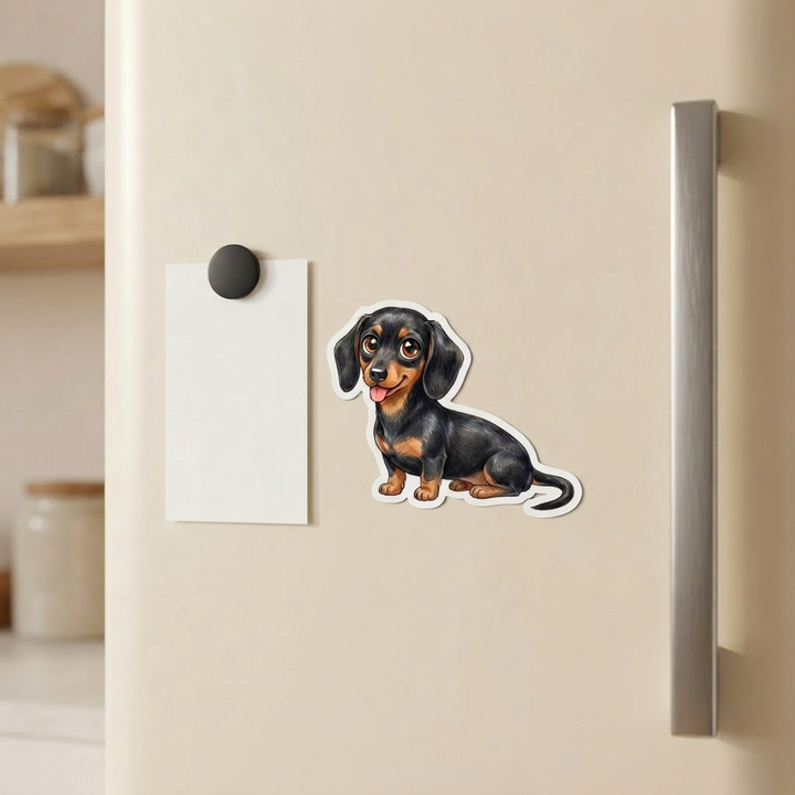 Dachshund Black and Tan Kawaii magnet on a fridge - Designs by Mysh