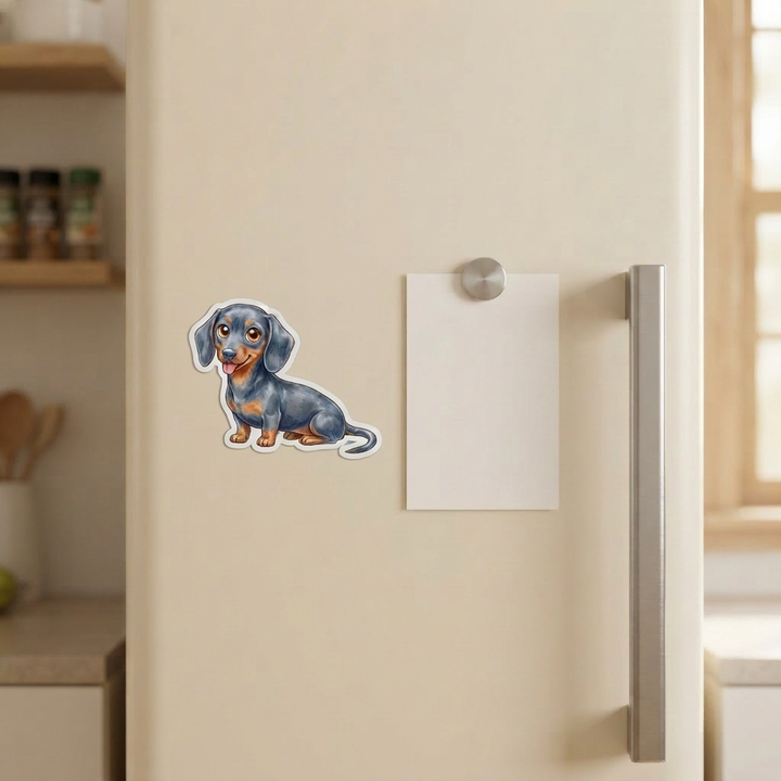 Dachshund Blue and Tan Kawaii magnet on a fridge - Designs by Mysh