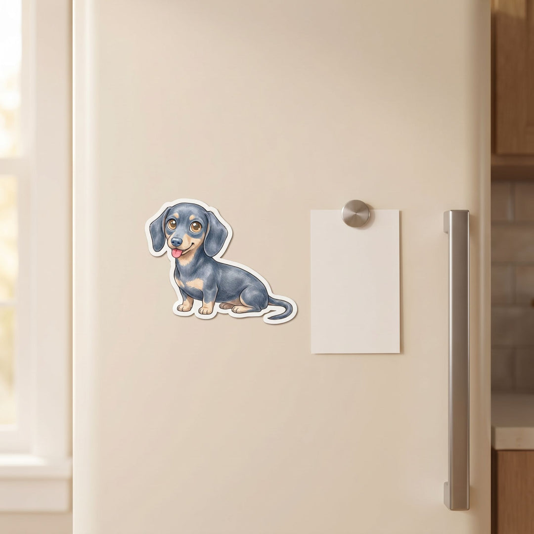Dachshund Blue and Cream Kawaii magnet on a fridge - Designs by Mysh