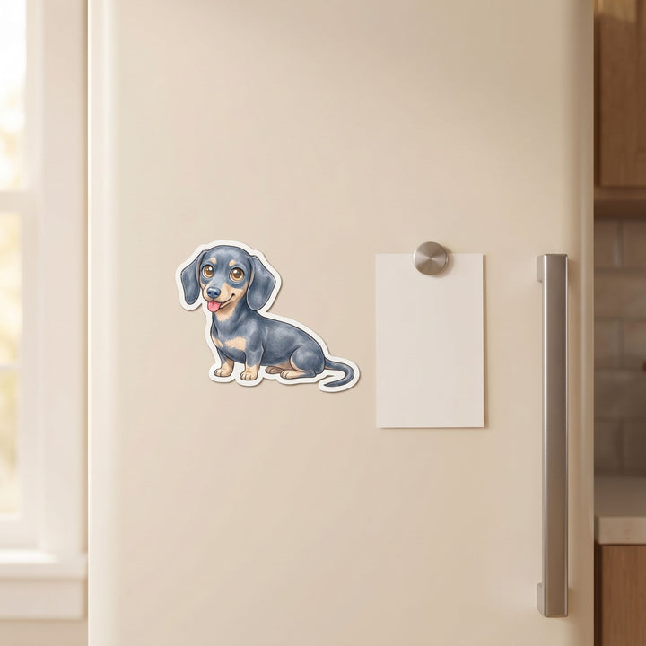 Dachshund Blue and Cream Kawaii magnet on a fridge - Designs by Mysh