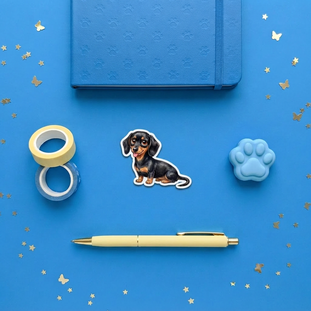 Dachshund Black and Tan Kawaii magnet brand flat lay - Designs by Mysh