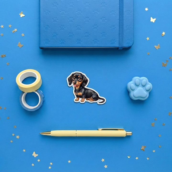 Dachshund Black and Tan Kawaii magnet brand flat lay - Designs by Mysh