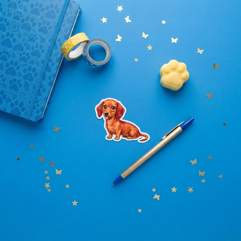 Dachshund Red Kawaii magnet brand flat lay - Designs by Mysh