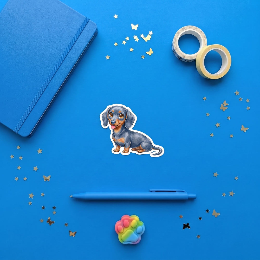 Dachshund Blue and Tan Kawaii magnet brand flat lay - Designs by Mysh
