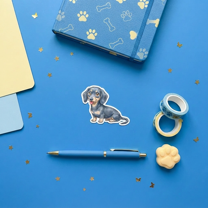 Dachshund Blue and Cream Kawaii magnet brand flat lay - Designs by Mysh