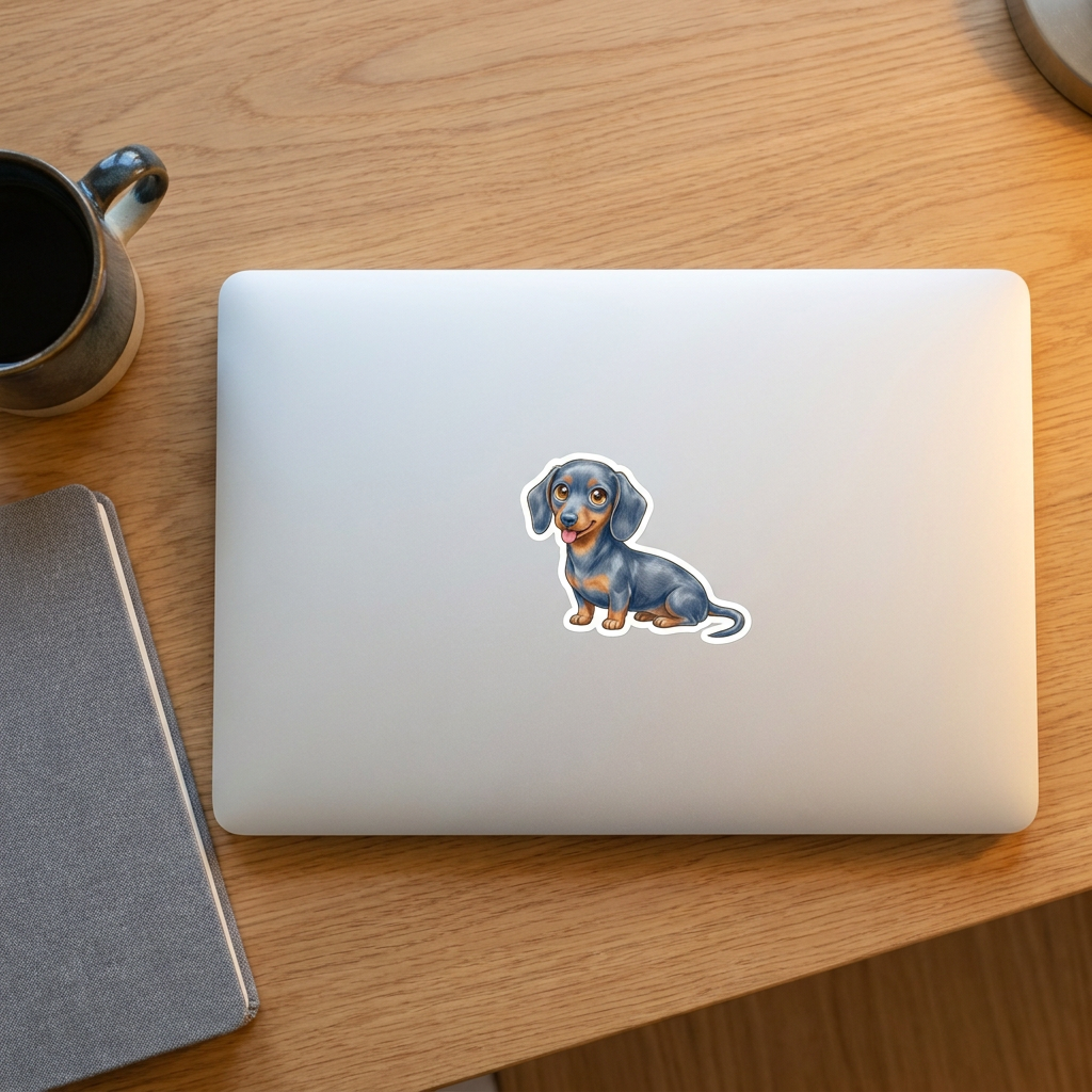 Dachshund Blue and Tan Kawaii sticker on a laptop - Designs by Mysh