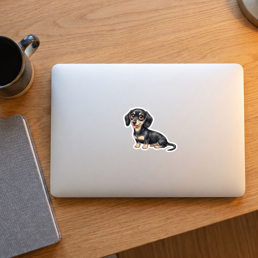 Dachshund Black and Cream Kawaii sticker on a laptop - Designs by Mysh