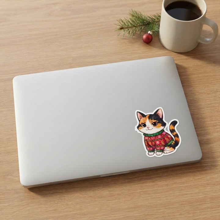 Calico cat gingerbread ugly Christmas sweater kawaii sticker on a laptop lid – Designs by Mysh