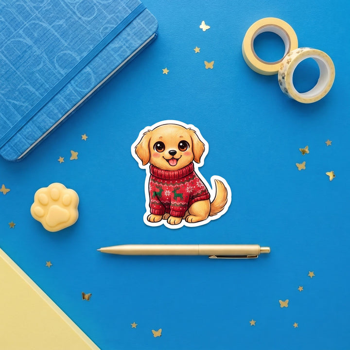 Golden Retriever ugly Christmas sweater 3 inch sticker flat lay with blue and yellow stationery – Designs by Mysh