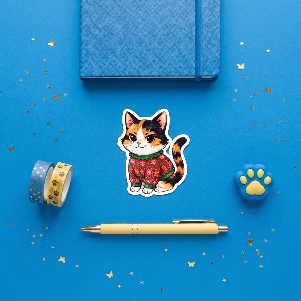 Calico cat ugly Christmas sweater 3 inch sticker flat lay with blue and yellow stationery – Designs by Mysh