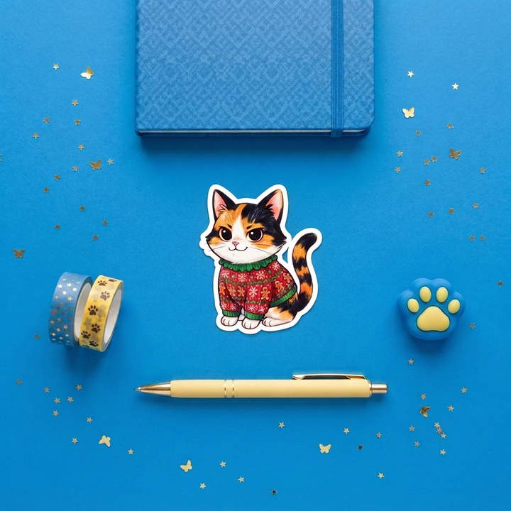 Calico cat ugly Christmas sweater 3 inch sticker flat lay with blue and yellow stationery – Designs by Mysh