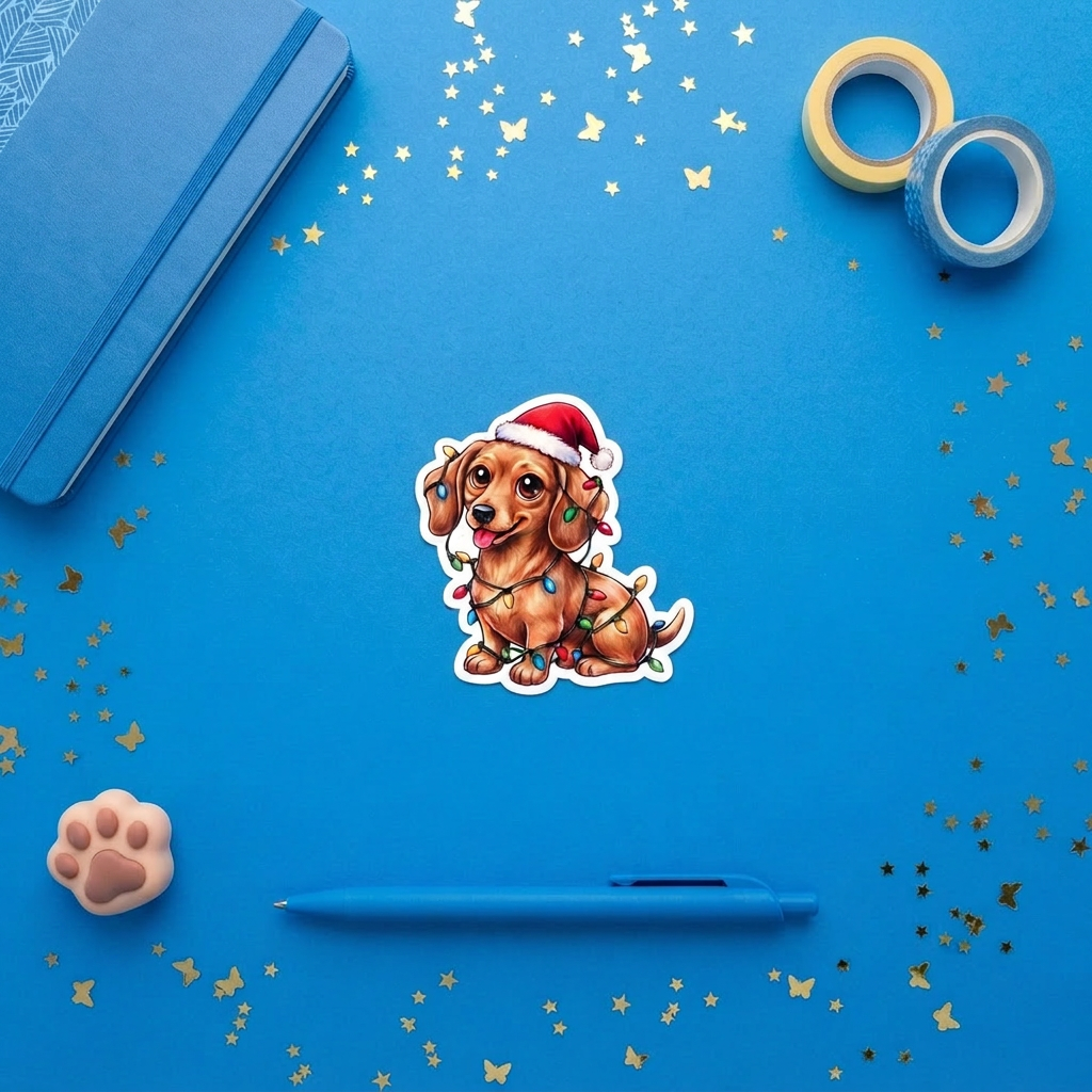 Red Dachshund Christmas lights 3 inch sticker flat lay with blue and yellow stationery – Designs by Mysh