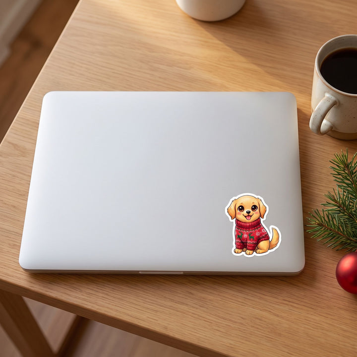Golden Retriever ugly Christmas sweater kawaii sticker on a laptop lid – Designs by Mysh