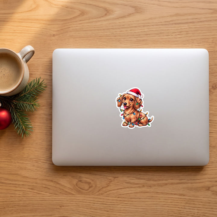 Red Dachshund in Christmas lights kawaii sticker on a laptop lid – Designs by Mysh