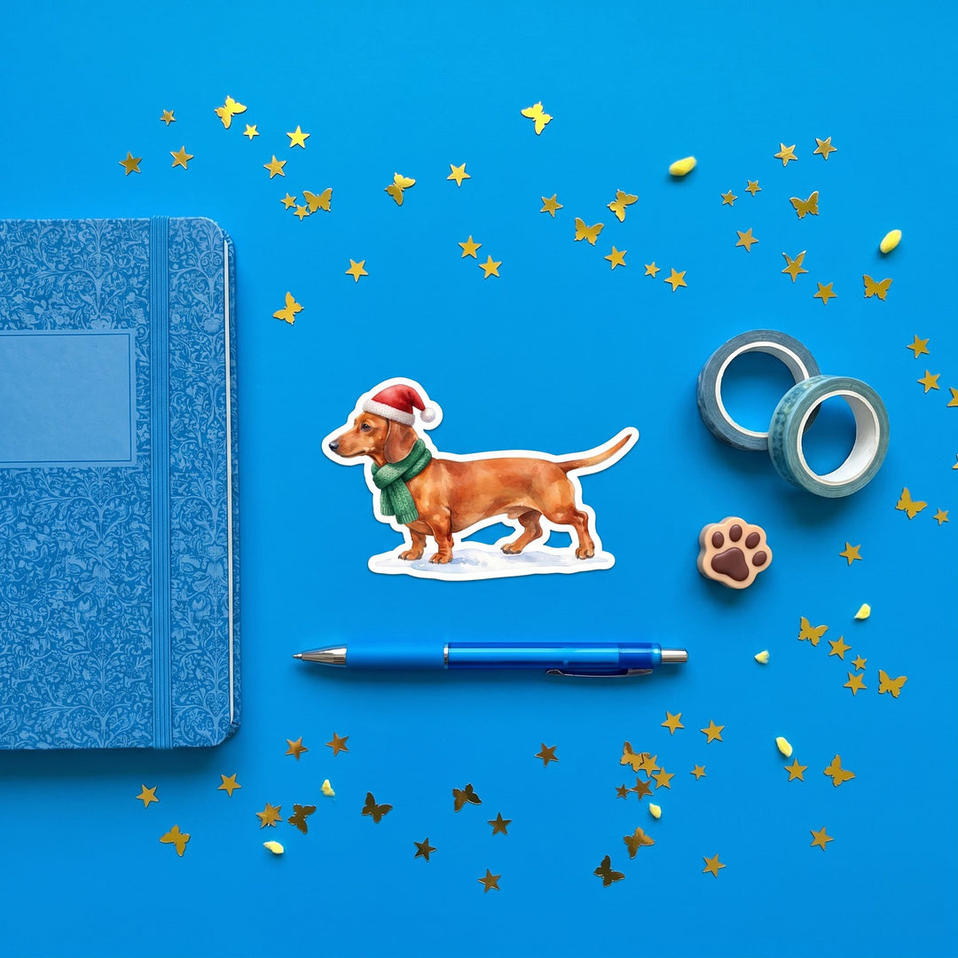 Watercolor Dachshund Santa hat 3 inch sticker flat lay with blue and yellow stationery – Designs by Mysh