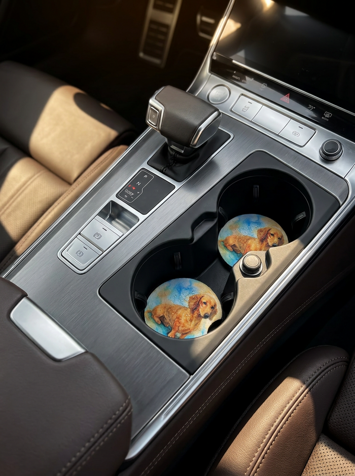 Dachshund Red neoprene car coasters in car cup holders