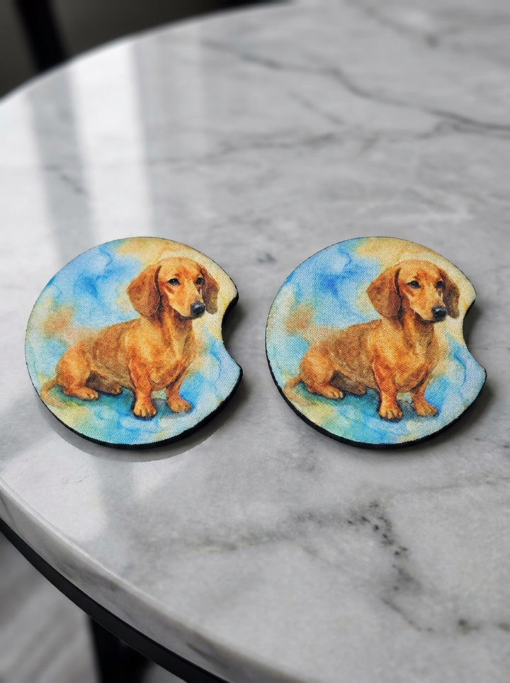 Dachshund Red neoprene car coasters lifestyle shot on marble table