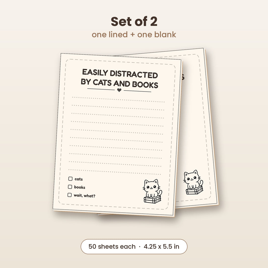 Easily Distracted by Cats and Books notepad set of 2, one lined and one blank