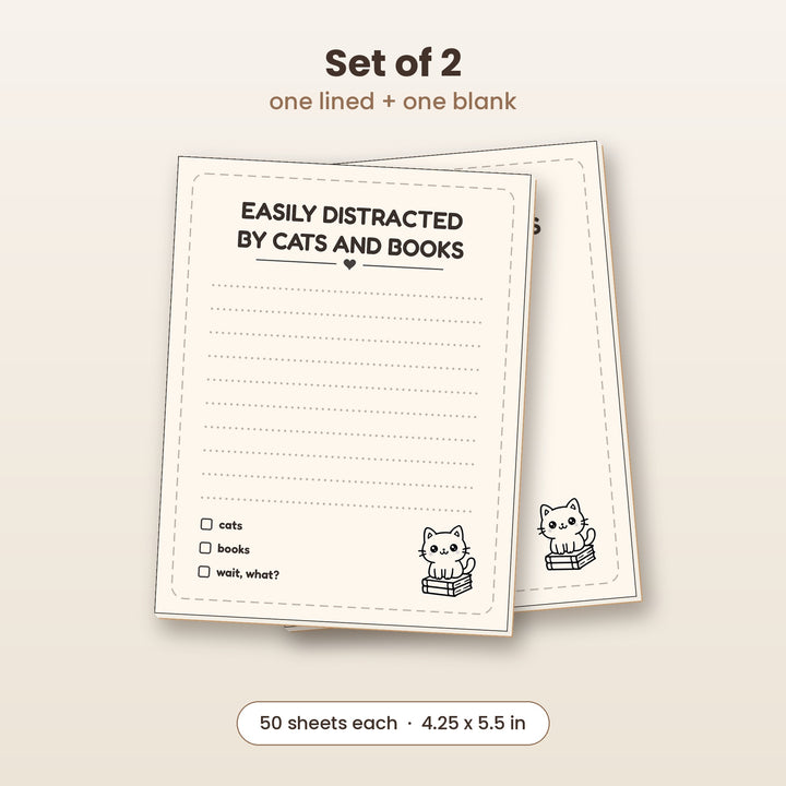Easily Distracted by Cats and Books notepad set of 2, one lined and one blank