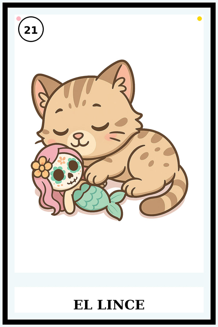 Cartoon cat holding a mermaid with a skull design on a white background