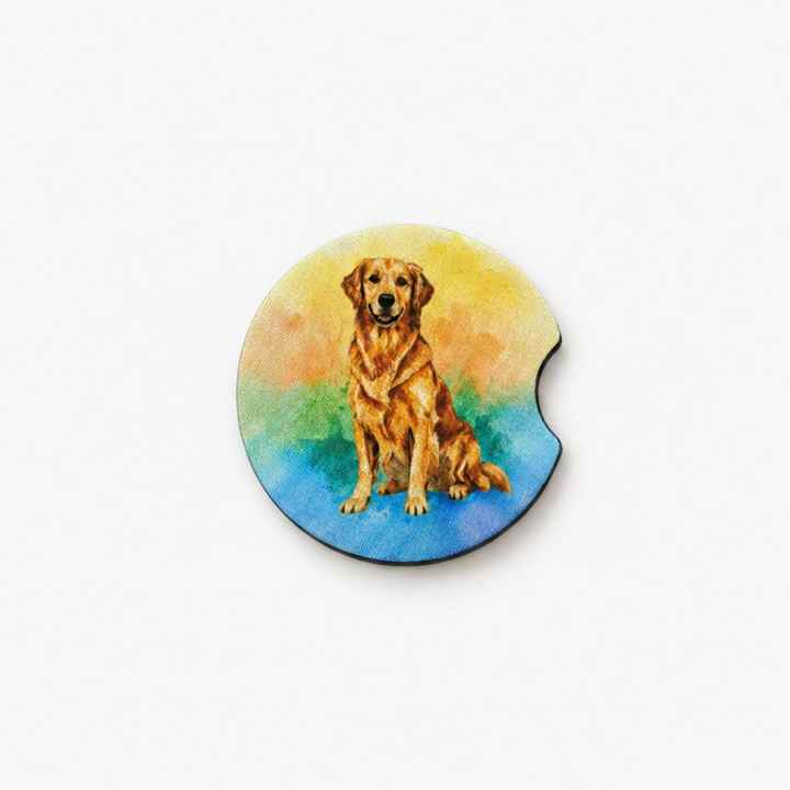 Single Golden Retriever neoprene car coaster, watercolor style