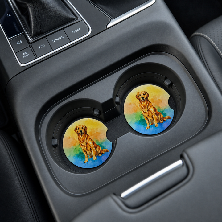 Golden Retriever neoprene car coasters in car cup holders