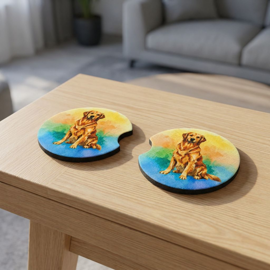 Golden Retriever neoprene car coasters on coffee table lifestyle shot