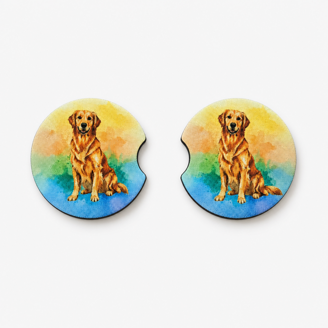 Golden Retriever neoprene car coaster set of 2, watercolor style