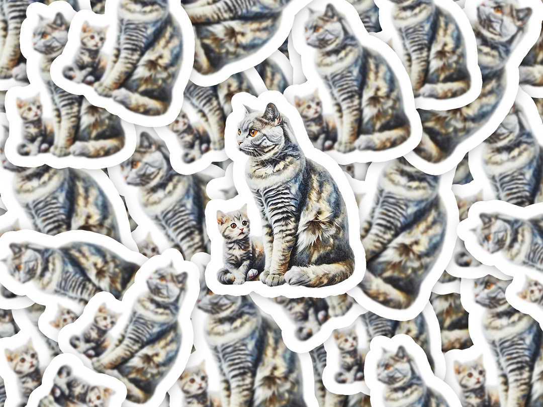 Tabby Cat Sticker, Mama & Kitten Watercolor Art, Vinyl Cat Decal, Cute Gift for Cat Moms, Laptop or Journal - Designs by Mysh