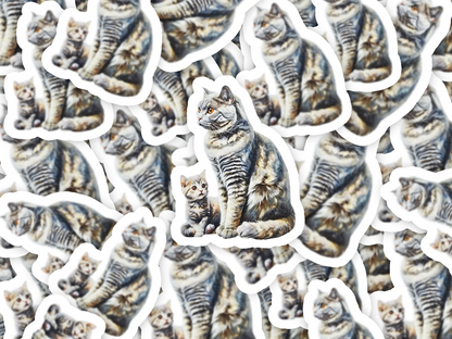 Tabby Cat Sticker, Mama & Kitten Watercolor Art, Vinyl Cat Decal, Cute Gift for Cat Moms, Laptop or Journal