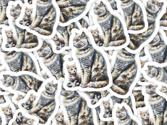 Tabby Cat Sticker, Mama & Kitten Watercolor Art, Vinyl Cat Decal, Cute Gift for Cat Moms, Laptop or Journal