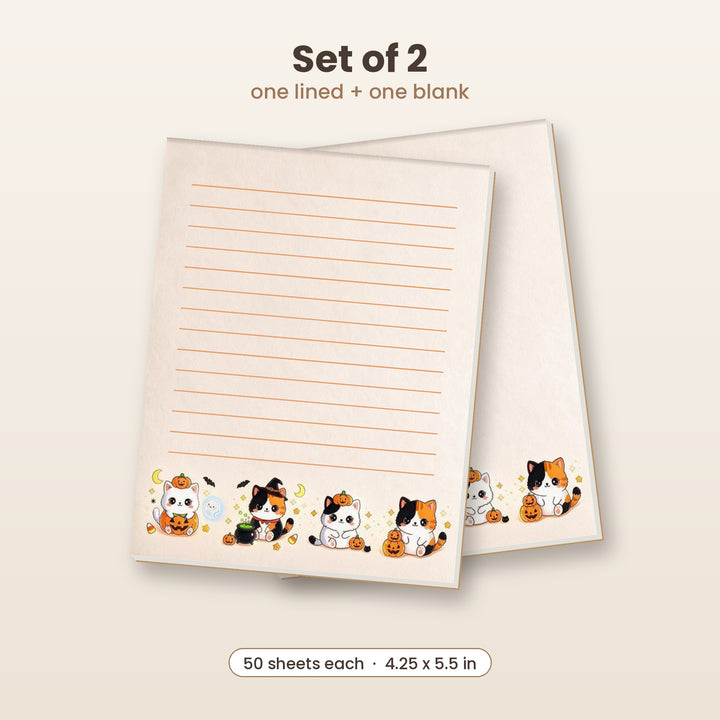 Kawaii Halloween cats notepad set of 2, one lined and one blank