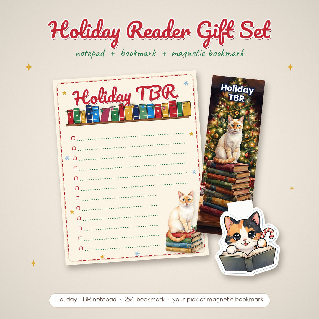 Holiday Reader Gift Set with a Siamese Holiday TBR notepad, matching bookmark and a calico magnetic bookmark