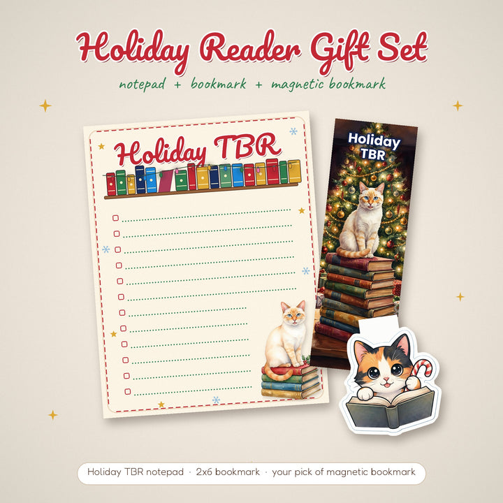 Holiday Reader Gift Set with a Siamese Holiday TBR notepad, matching bookmark and a calico magnetic bookmark