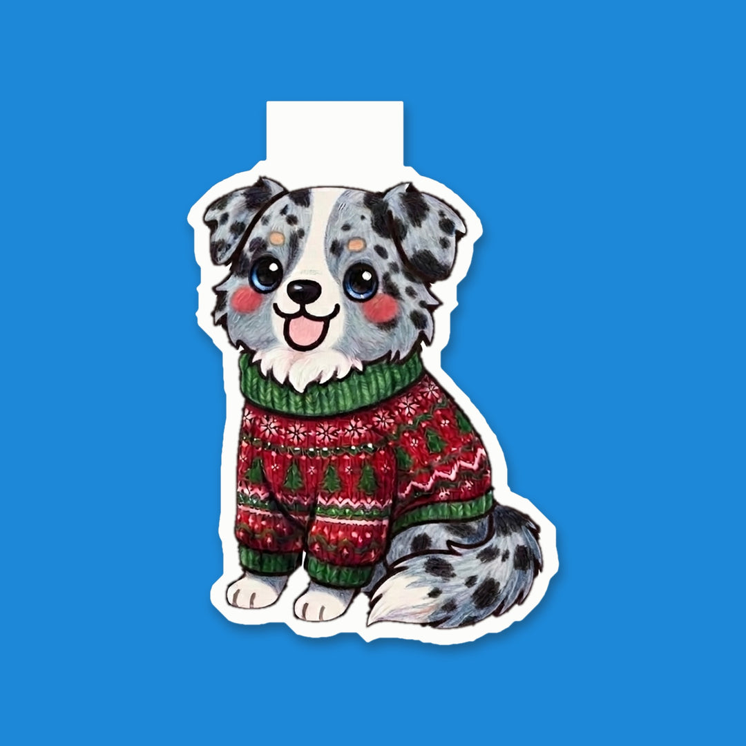 Blue merle Australian Shepherd in ugly Christmas sweater kawaii magnetic bookmark – Designs by Mysh